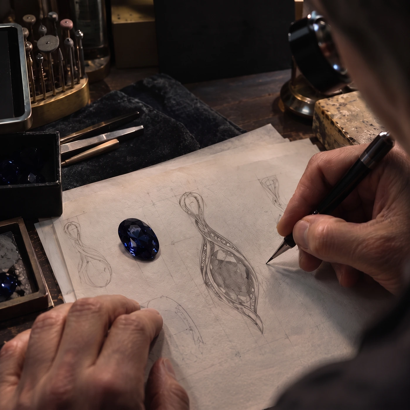 A jeweller sketching a design beside a deep blue oval stone at the workbench