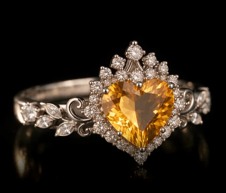 A white gold ring, its heart-cut amber stone framed in pavé beneath a crown of claw-set gems