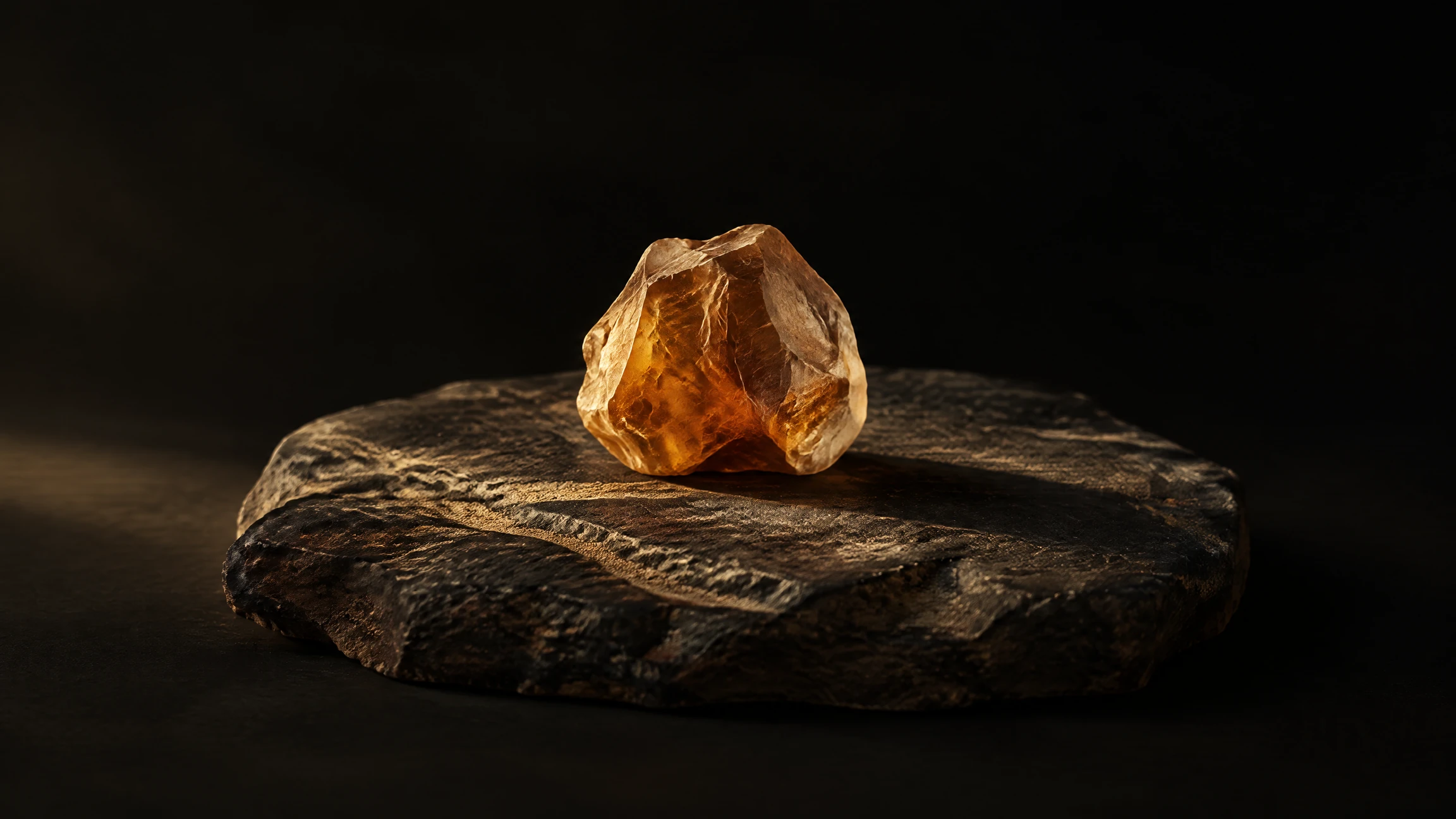 An uncut amber crystal on a slab of dark desert stone in low raking light
