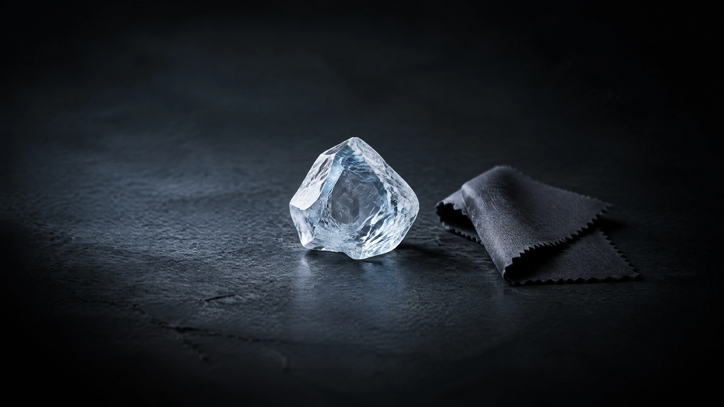 A pale uncut crystal on cool grey slate beside a folded grey cloth