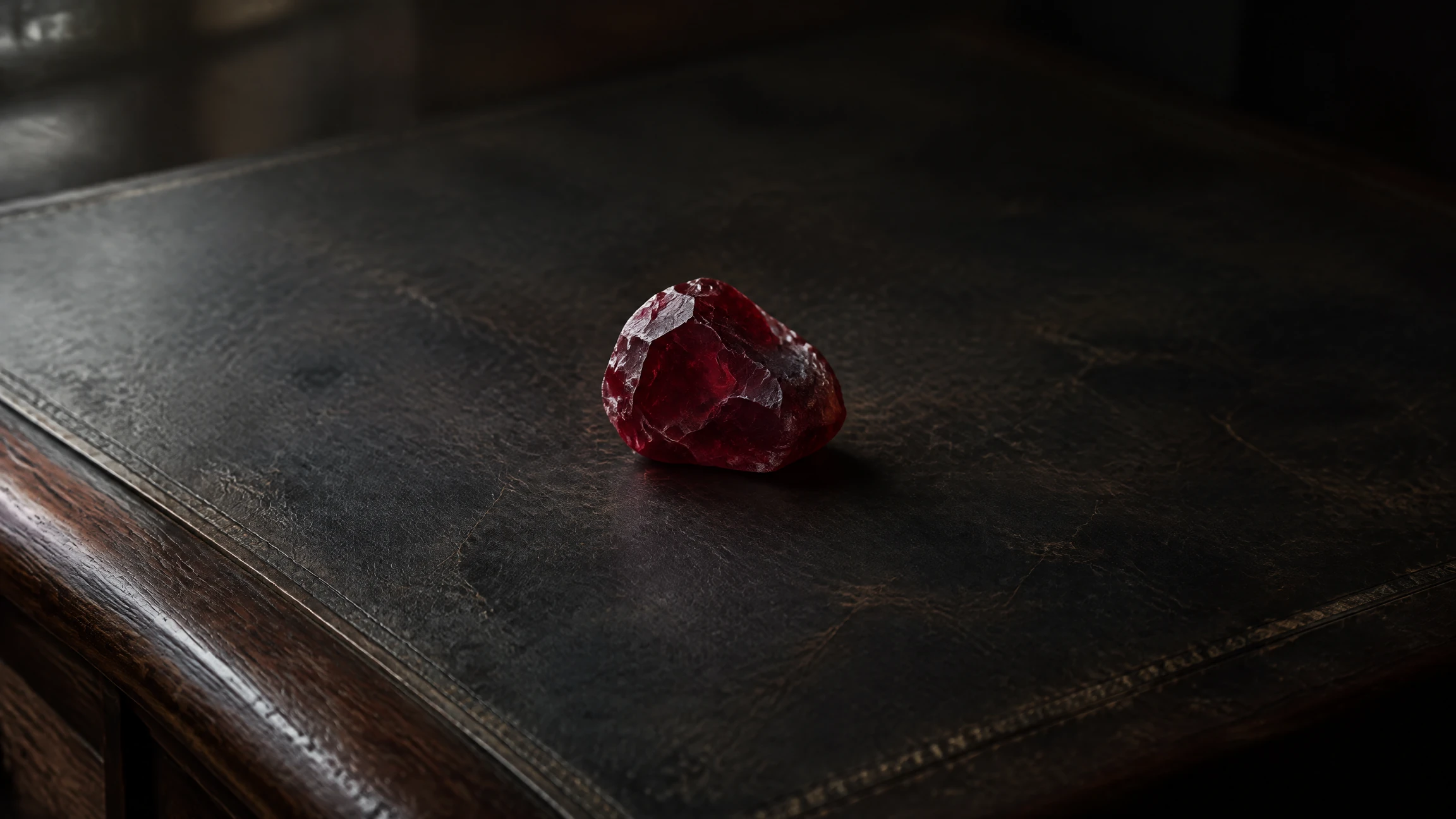A deep red uncut crystal resting on a worn leather desk blotter