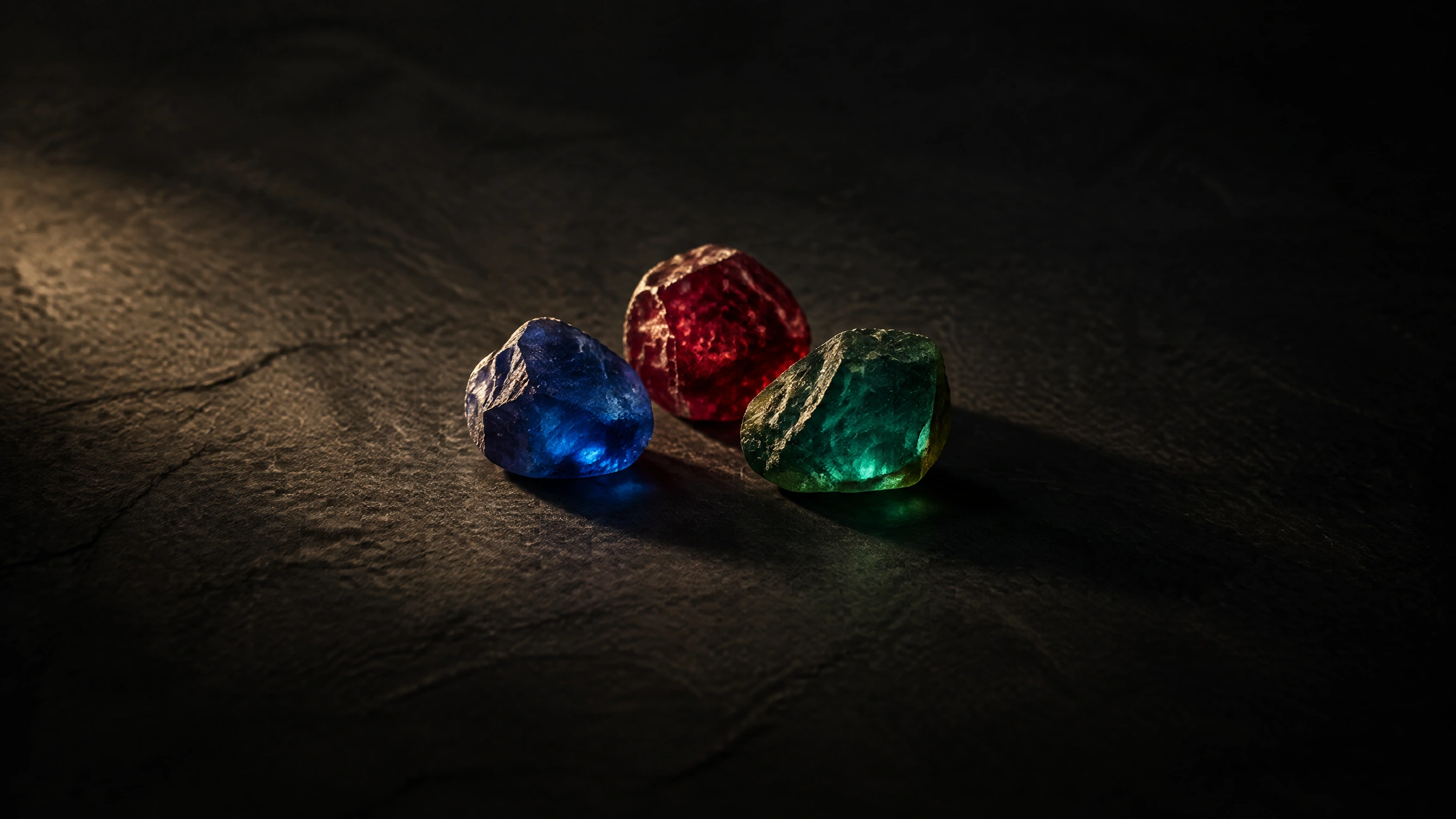 Three rough uncut stones — blue, red and green — grouped on dark slate