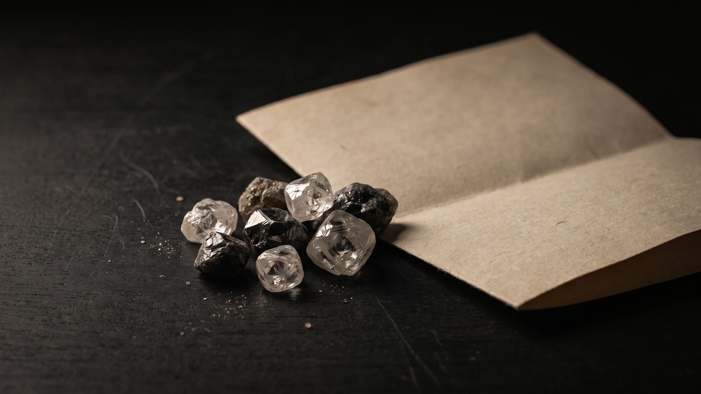 Rough stones beside a blank provenance document on a dark table