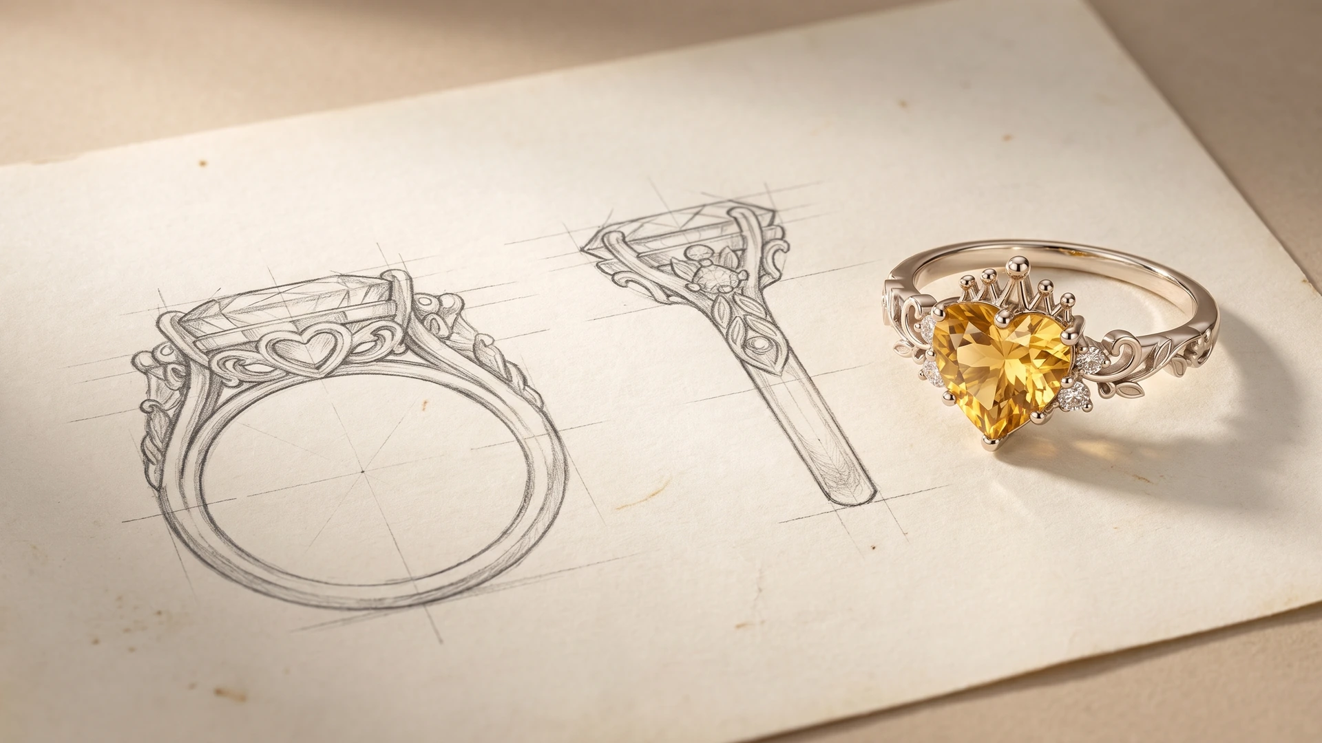 A heart-shaped golden stone ring beside its hand-drawn front and side studies