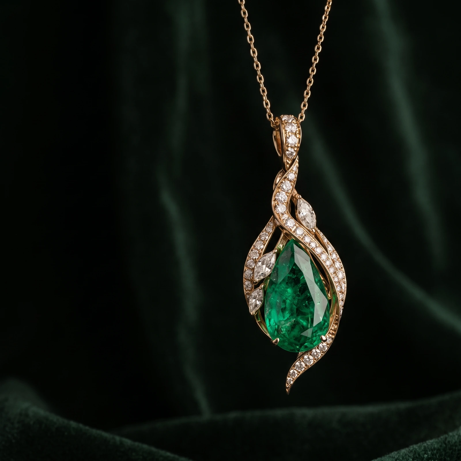 A green pear-shaped pendant in a gold-coloured setting against dark velvet